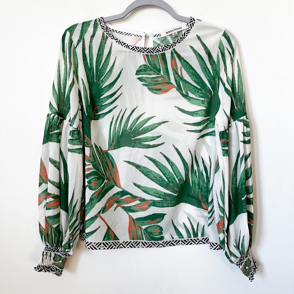 Jealous Tomato Tropical Print Semi Sheer Blouse Medium‎ Lightweight Long Sleeve